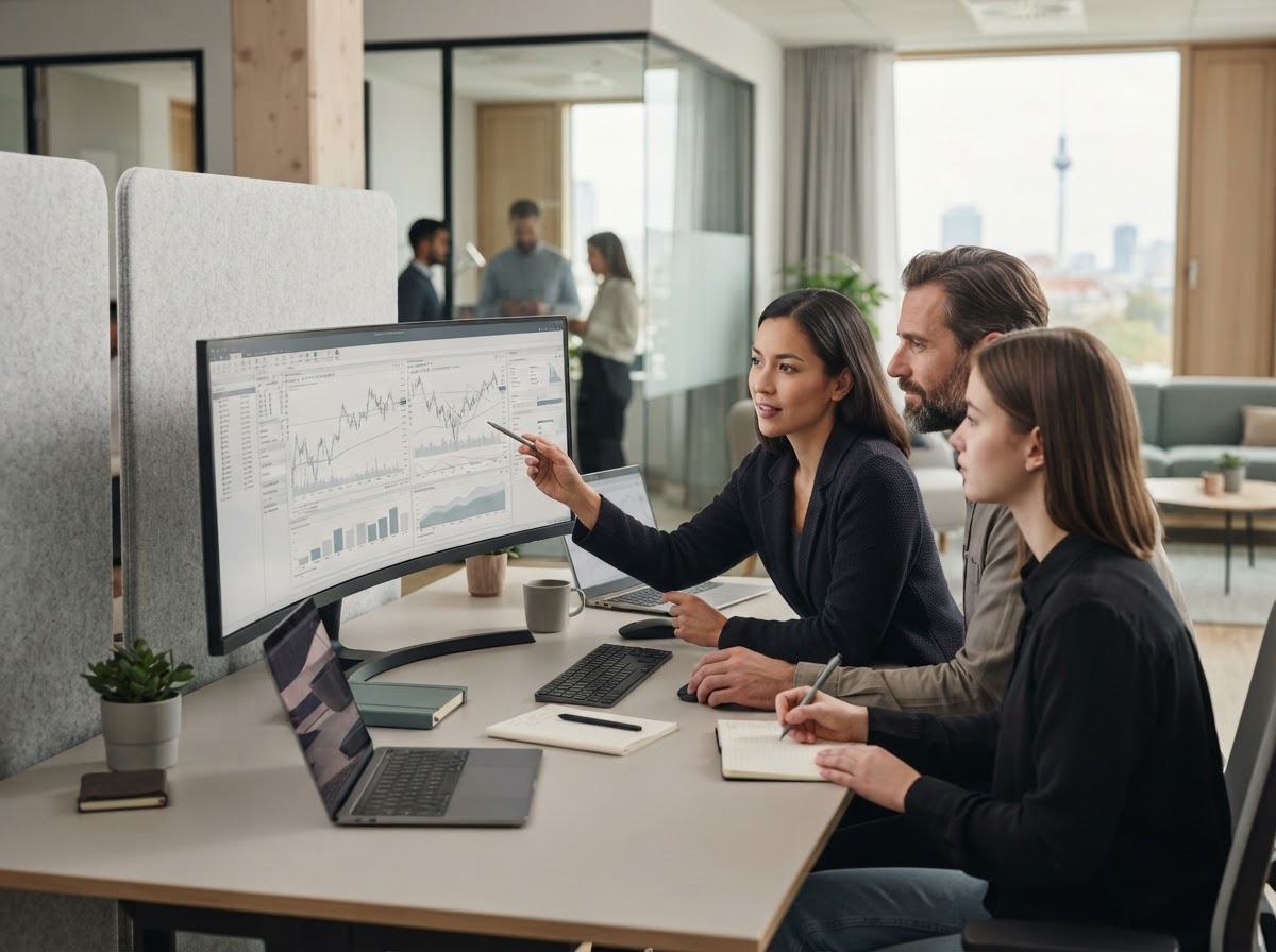 Drei Personen analysieren Finanzdiagramme auf einem breiten Monitor im Büro