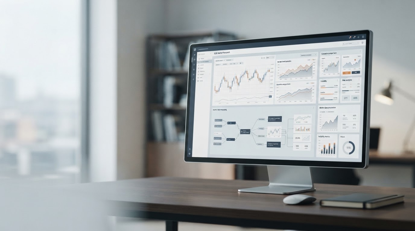 Ein Computermonitor auf einem Schreibtisch zeigt verschiedene Daten-Dashboards